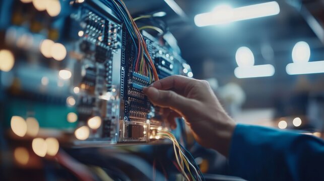 Expert hands manipulate a dense network of wires and electrical components inside a panel, showcasing the intricate work of an electrician in a bright workshop