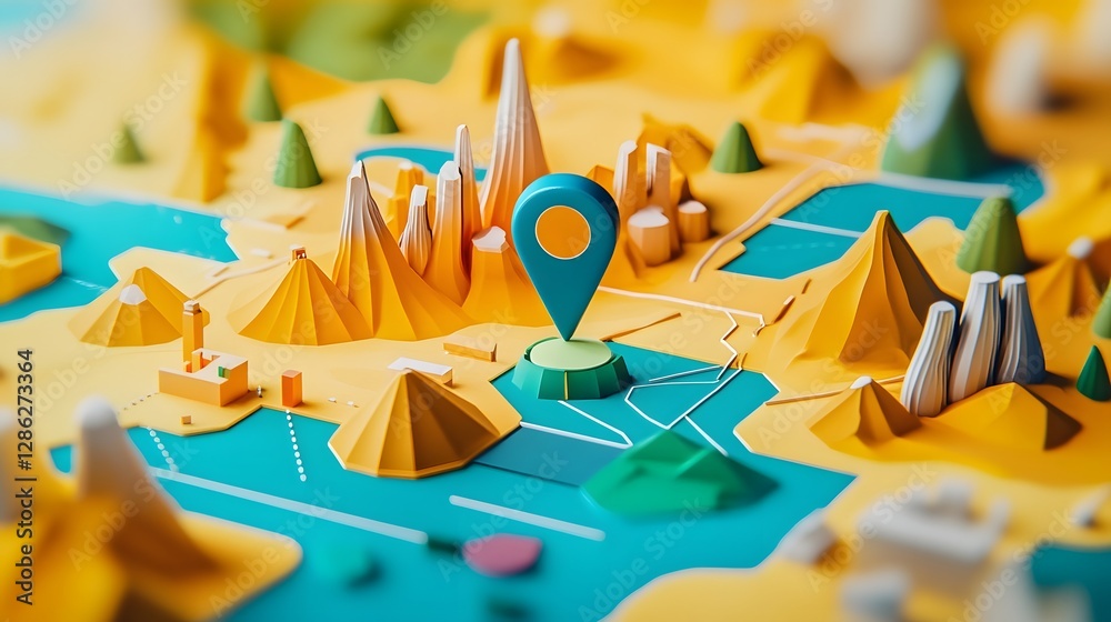 Poster Minimalist Low Poly Digital Map with Geometric Mountain Peaks and Navigation Pointer for Outdoor Adventure and Travel Concepts