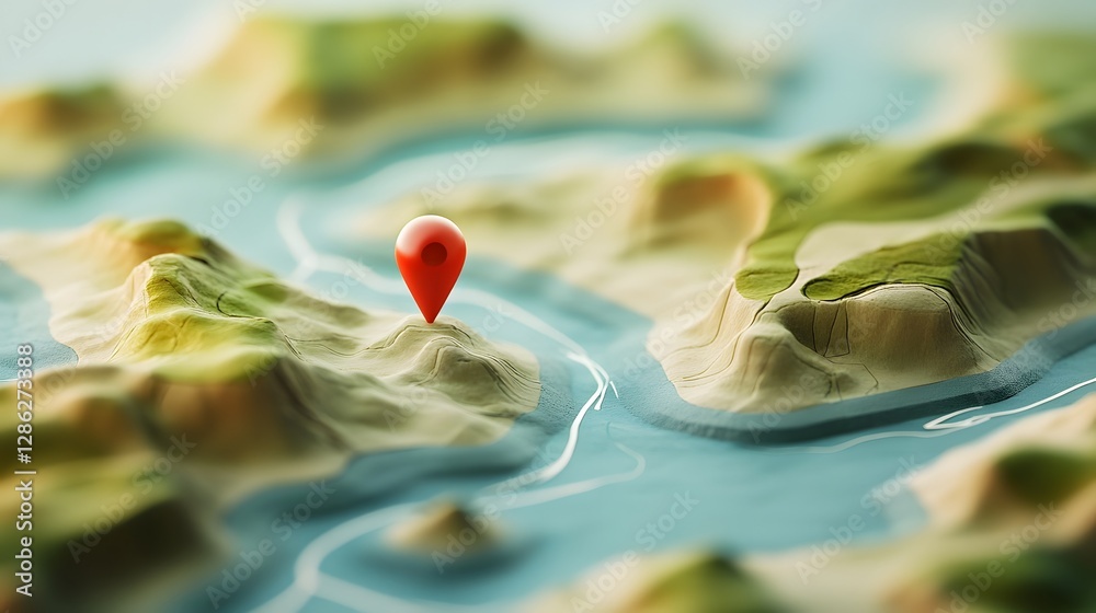 Poster Minimalist map design with a red location pin marker placed on a digital landscape of mountains hills and ocean  Concept of modern mapping technology