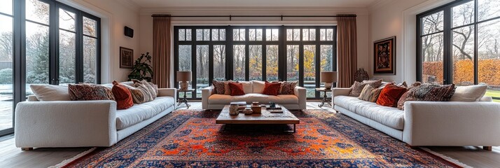Luxurious living room with large windows, two sofas, and an oriental rug.