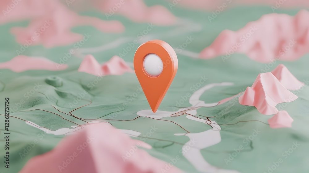 Aufkleber Minimalist map location pin pointer icon on an abstract textured pink and green color background  Concept of digital navigation wayfinding tracking and spatial data visualization