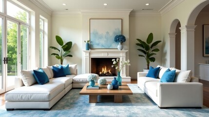 Fototapeta premium Serene Living Room with Sectional Sofa, Fireplace, and Blue Accents