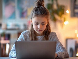 Young Girl Engaged in Online Learning Using Laptop at Home