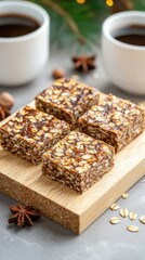 Fototapeta premium Delicious flaxseed oat bars cozy kitchen setting food photography natural light overhead view healthy snack inspiration