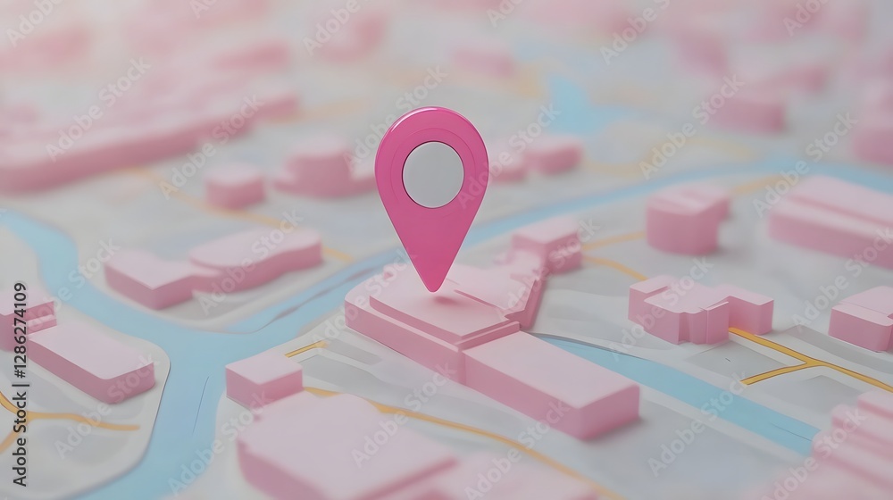 Fototapete Minimalist pink and blue abstract city map with digital map pin pointer navigation route and journey planning concept