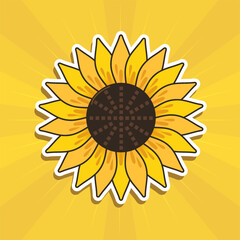 Fresh yellow sunflowers on bright yellow background. Sunflower sticker. All layered and grouped. Vector.