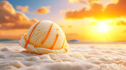 Obraz premium A delightful scoop of ice cream melting on a sandy beach as the sun sets, capturing the essence of summer relaxation.