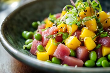 Colorful Tuna Mango Salad in a Green Bowl with Edamame and Sesame Seeds in Asian Style Cuisine Dishes with Fresh Food Items, Delicious and Healthy Tasty Lunch or Dinner Options for Food Lovers and