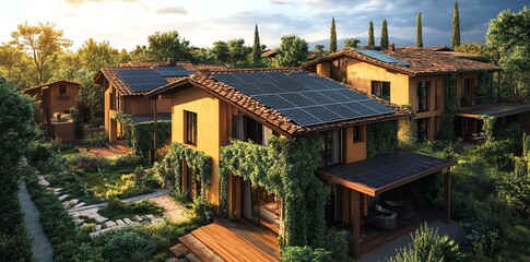 Obraz premium Eco-friendly Solar Powered Homes in Lush Green Setting