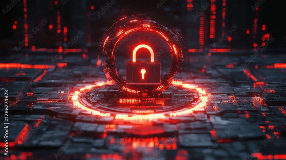 Poster futuristic glowing lock hovering over digital binary circuit backdrop