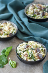 Mushroom Risotto with Baby Spinach and Peas
