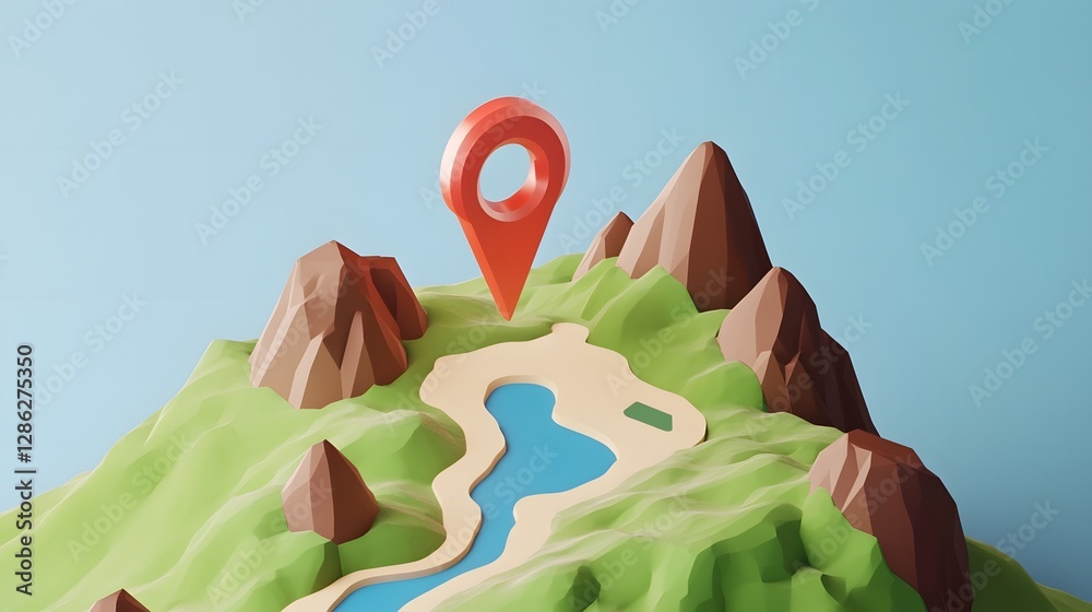 Poster mountainous landscape with red navigation pin pointer on hilly terrain indicating a scenic hiking tr