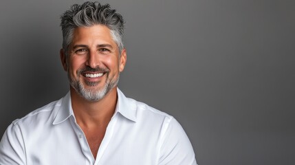 Obraz premium Distinguished middle-aged man displays a subtle smile, dressed in a crisp white shirt, set against a neutral gray background for a corporate branding look