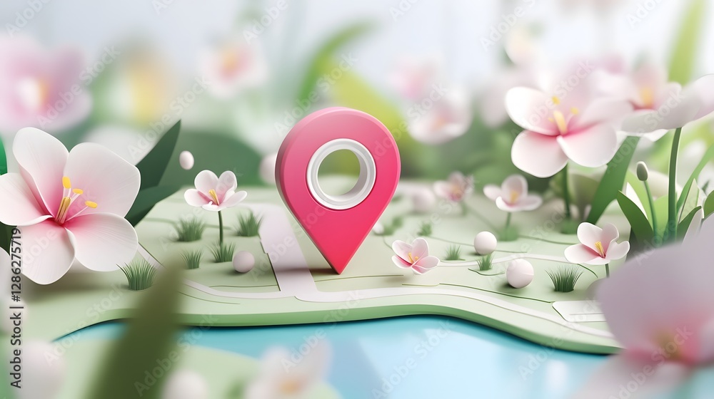 Aufkleber Navigating Nature s Enchanting Path   Geolocation Marker Guiding Through a Lush Blooming Floral Landscape Representing Harmony with the Environment