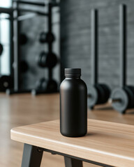 sleek black sports bottle on gym bench, surrounded by weights. Perfect for product mockup.