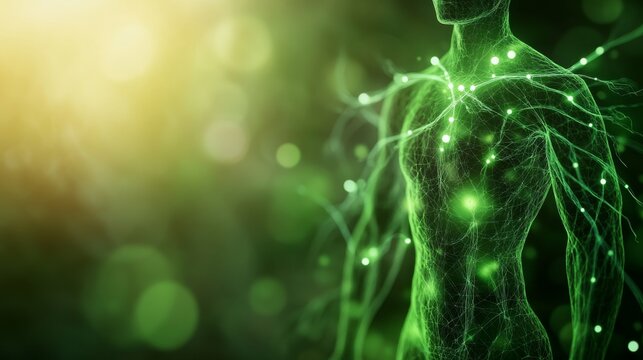 Digital artwork showcases a cannabis leaf over a translucent human form, emphasizing the glowing neural pathways connected to the endocannabinoid system