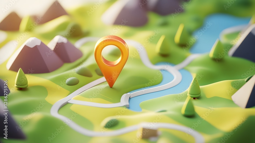 Poster Navigational 3D map marker icon pinpointing a location on a creative 3D of a mountainous topographical landscape with forests rivers and hills for travel adventure and concepts