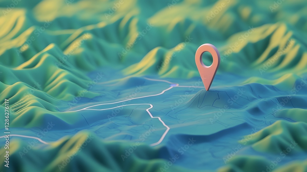 Poster navigational map marker pinpoints location on a rugged mountainous landscape indicating a journey or