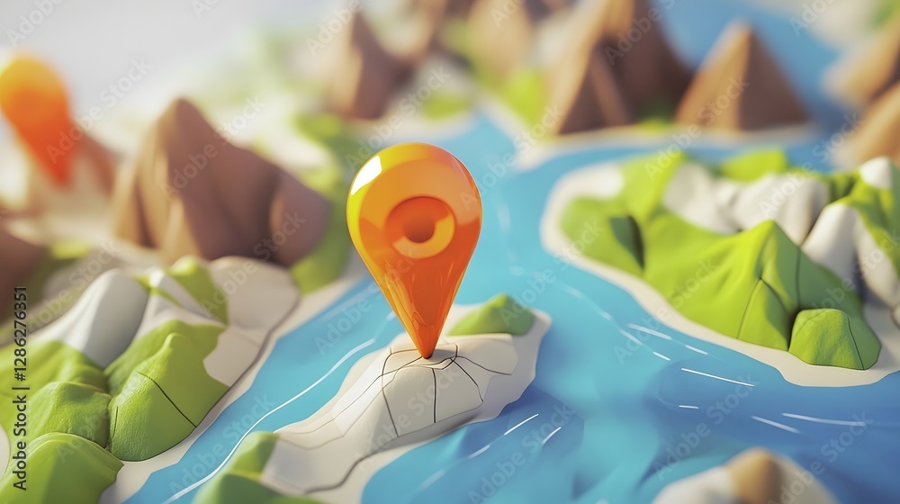 Poster navigational marker pinpointing location on a hilly rugged terrain with mountains and valleys in the