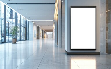 Blank ad panel inside modern art gallery; digital vertical OOH billboard