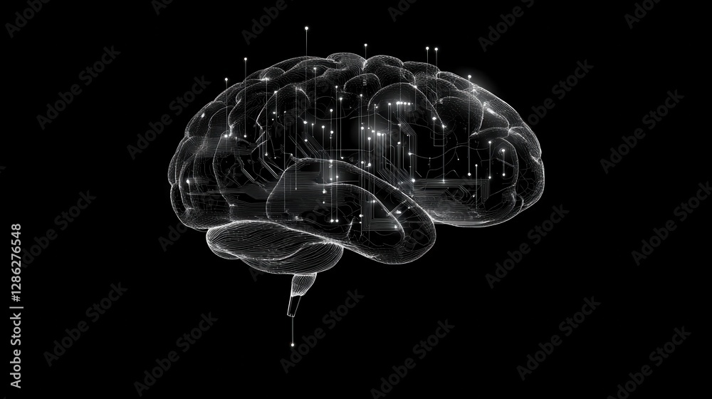 Poster illuminated brain composed of digital circuit patterns and connections