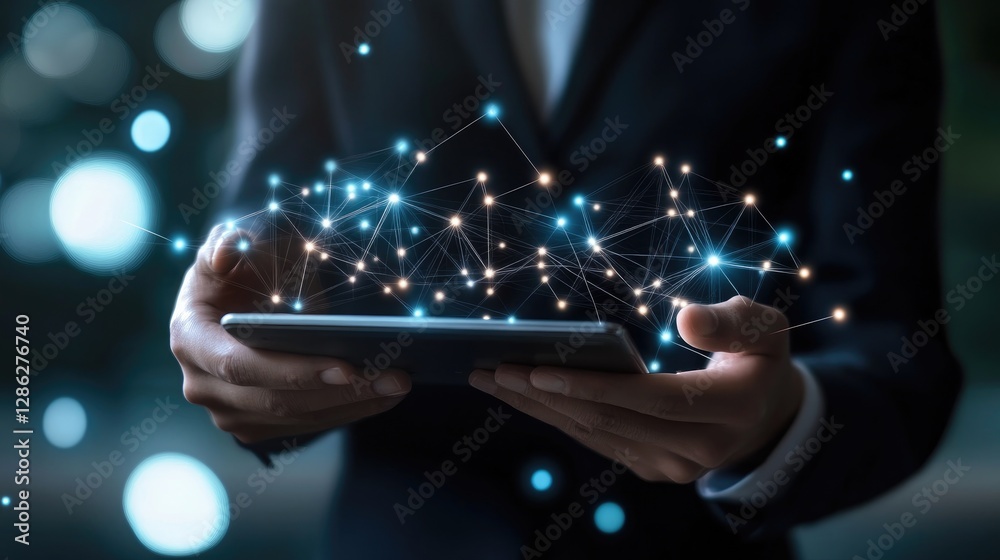 Poster global network connection, businessperson using a tablet to visualize a complex network of interconn