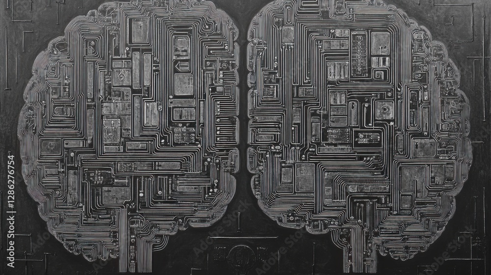 Poster intricate digital brain composed of interconnected circuit patterns
