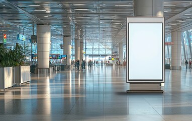 Blank vertical digital billboard in airport terminal; 6-sheet OOH advertising display
