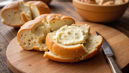 Sliced bread with butter on wooden cutting board