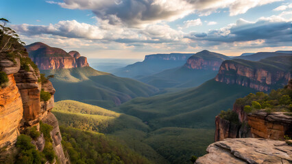 Australia awe inspiring terrain, panoramic vista of sandstone cliffs, bathed in golden sun, evoking sense of wonder