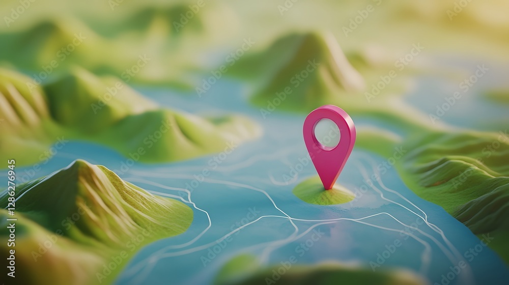 Poster navigational pin marker on a topographic map depicting a rugged mountainous landscape with peaks rid
