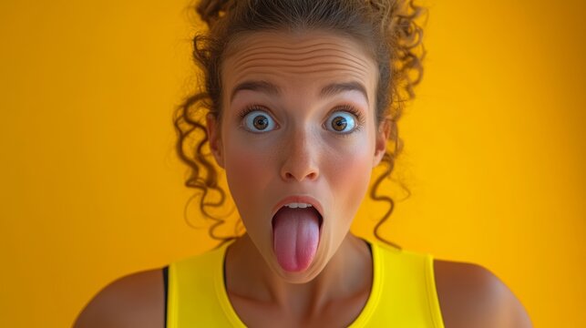 Woman with a tongue sticking out in a yellow tank top. The woman has a surprised look on her face