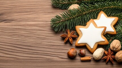 Two star shaped gingerbread cookies with white icing, surrounded by fir branches, nuts, and spices on a rustic brown wooden background. Festive