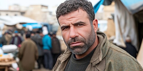 Obraz premium Rugged middle aged man with intense stare in crowded marketplace evoking resilience and urban hardship with strong facial features and textured background