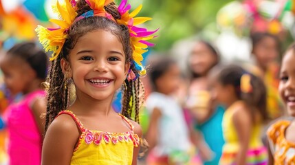 Diverse group of young children in traditional carnival outfits, playing together and enjoying festivities