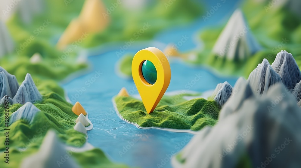 Poster navigational pointer marker in a lush mountainous landscape symbolizing the journey of the pursuit o