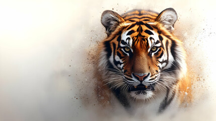 Obraz premium A majestic tiger prowls through a misty landscape, showcasing its striking fur and intense gaze, symbolizing strength and elegance.