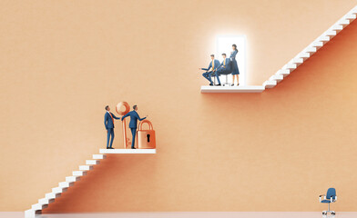 Business team with lock and key introducing a new startup to investors in personal data protection service. Business environment concept with stairs and open door 3D rendering