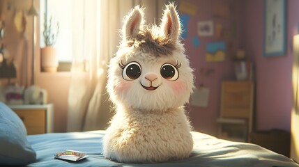 A fluffy smiling llama plushie designed as a cute backpack modeled on room background