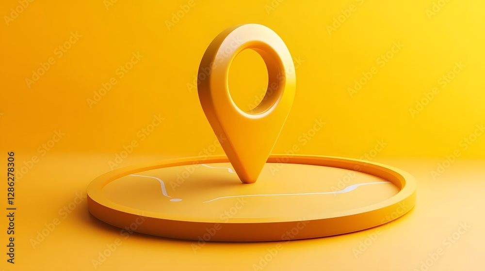 Poster Orange 3D Pointer Pin Marker Symbol on Minimalist Yellow Geometric Background for Location GPS Navigation or Wayfinding Concept