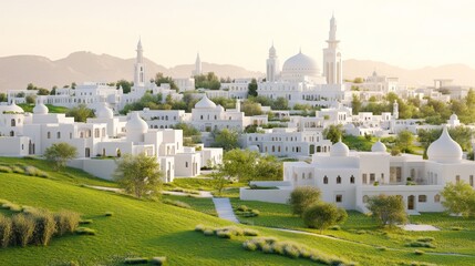 Obraz premium Lush green landscape with modern Islamic architecture featuring white domes minarets and mosques under a hazy sky blending tradition with contemporary urban planning