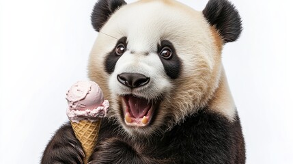 Fototapeta premium Panda bear is holding an ice cream cone in its mouth. The bear is smiling and he is enjoying the treat