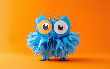 Naklejka premium Cute paper monster with origami folds, fluffy and round, bright paper eyes, on energetic orange background