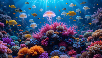 Obraz premium A colorful coral reef filled with exotic fish and glowing jellyfish.