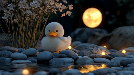 A fluffy stuffed duck in a zen rock garden under a glowing full moon