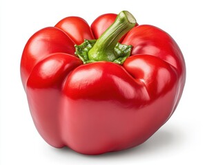 Single ripe red bell pepper isolated on white background. Vibrant color, smooth skin, and fresh appearance.  Studio lighting enhances detail