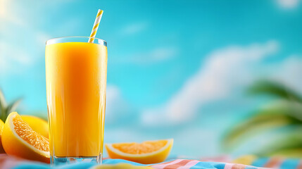 Obraz premium A refreshing glass of orange juice, positioned against a bright blue sky, perfect for summer vibes and relaxation.