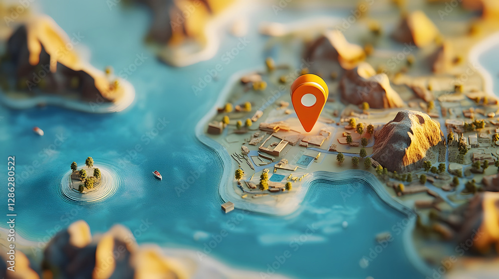 Poster overhead view of miniature figurines exploring a tropical island paradise with palm trees sandy beac
