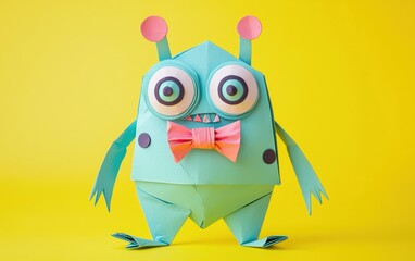 Fototapeta premium Cute paper monster with origami folds, wearing a bow tie, soft plushy look, on neon yellow background