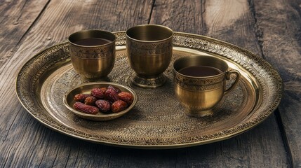 Fototapeta premium Arabian Coffee Dates Brass Tray Desert Setting - Three brass cups of coffee, a small bowl of dates